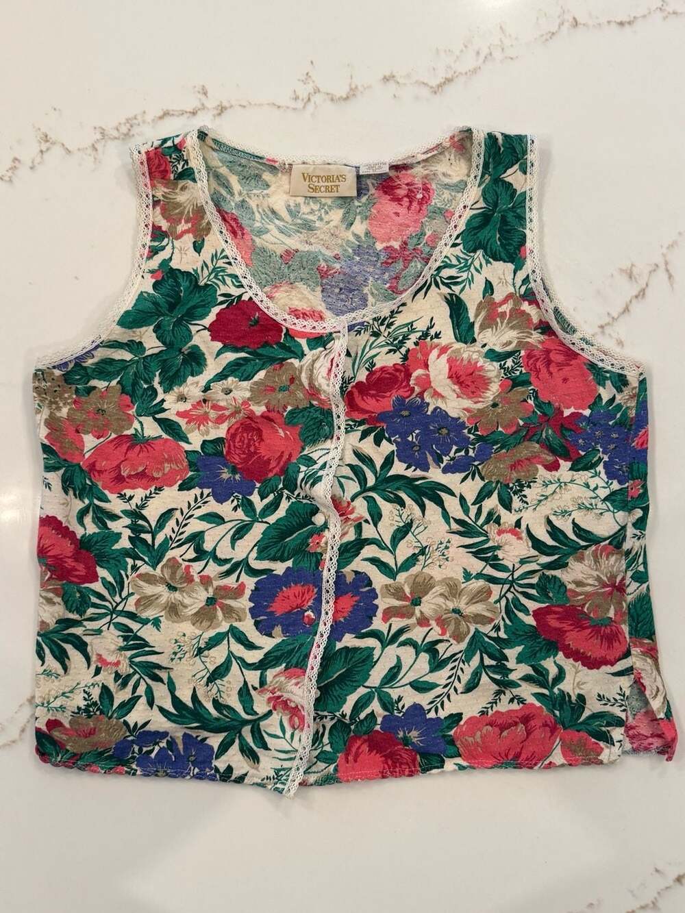 Vintage 90s Victoria's Secret Floral Print Cotton Lace Trim Button Front Top